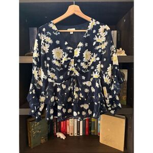 Cato Navy Blue Daisy Floral Chiffon Blouse Women’s Size XS